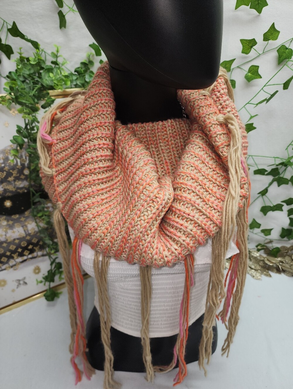 NWT Free People Boho Knit Infinity Tassle Scarf In Taupe